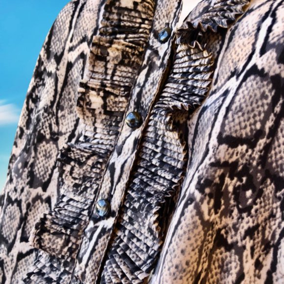 212 Collection Button Up Blouse Reptile Print Ruffles Long Sleeves - Picture 11 of 13